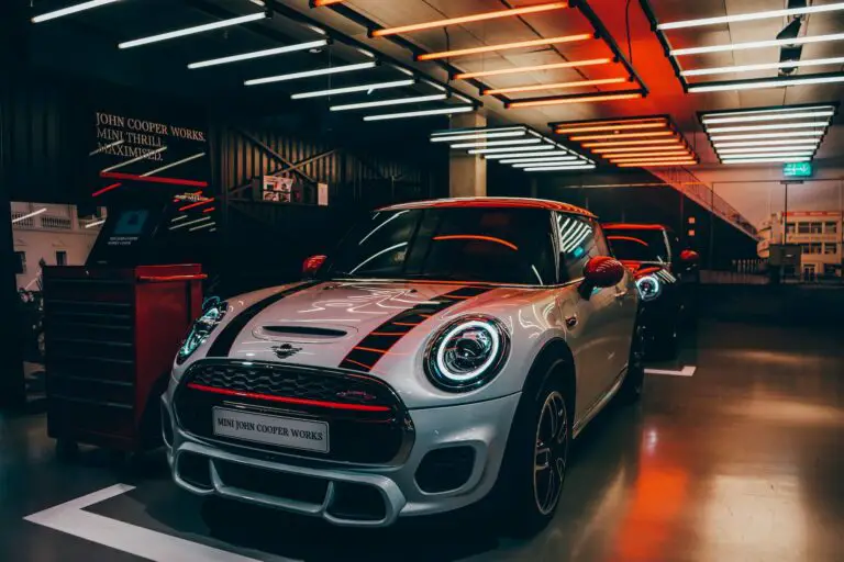 A Mini Cooper displayed in a car shop